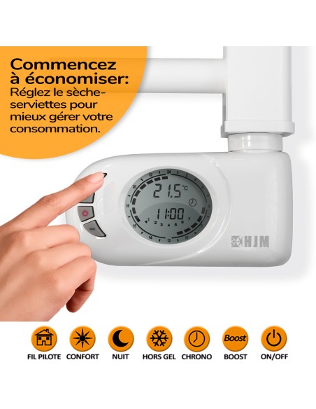 Sèche-serviettes électrique à inertie sèche HJM, 500 W, Noor, Blanc
