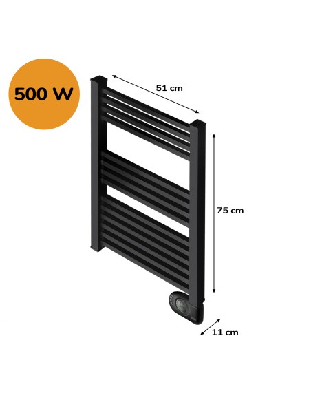Sèche-serviettes électrique à inertie sèche HJM, 500 W, Square, Noir