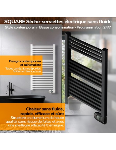 Sèche-serviettes électrique à inertie sèche HJM, 500 W, Square, Noir
