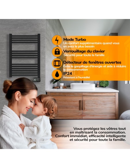 Sèche-serviettes électrique à inertie sèche HJM, 500 W, Square, Noir