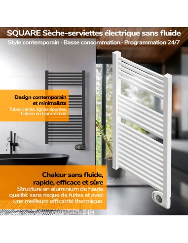 Sèche-serviettes électrique à inertie sèche HJM, 750 W, Square, Blanc