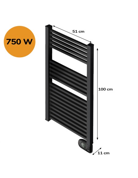 Sèche-serviettes électrique à inertie sèche HJM, 750 W, Square, Noir